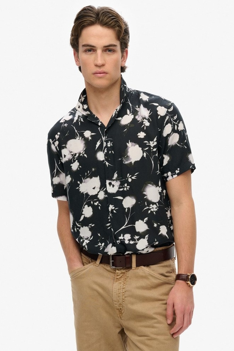 Superdry & Co, Camasa cu model floral si maneci scurte, Alb, Negru stins, XL