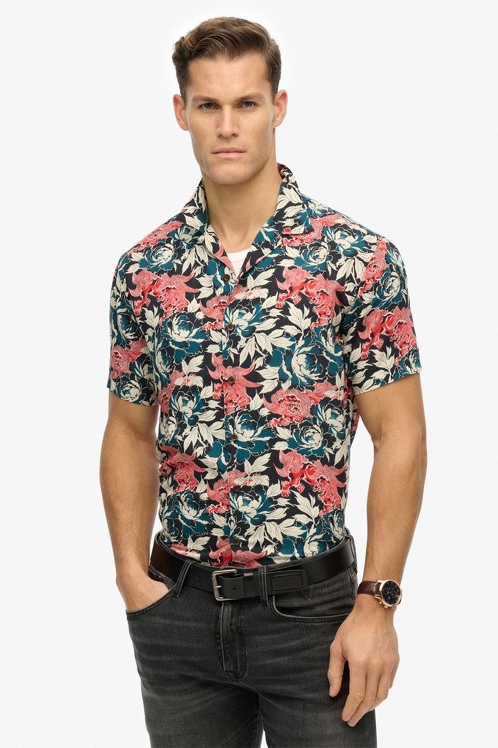 Superdry & Co, Camasa cu model floral si guler ascutit, Multicolor, L