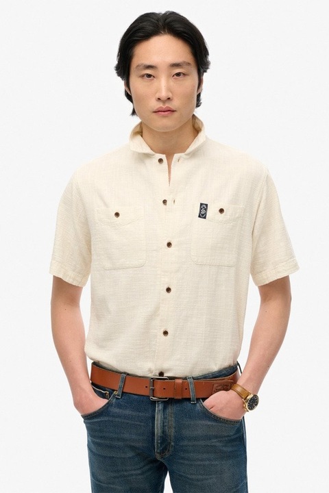 Superdry & Co, Camasa cu maneci scurte si buzunare pe piept, Alb murdar