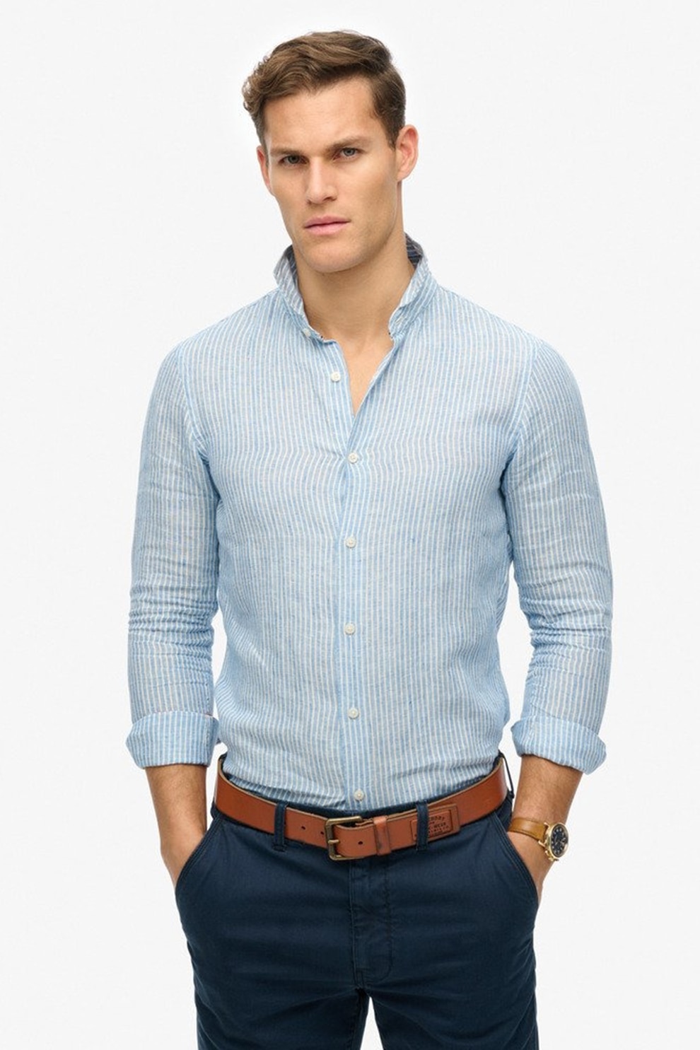 Superdry & Co, Camasa din modal cu guler ascutit, Alb, Albastru pastel, L