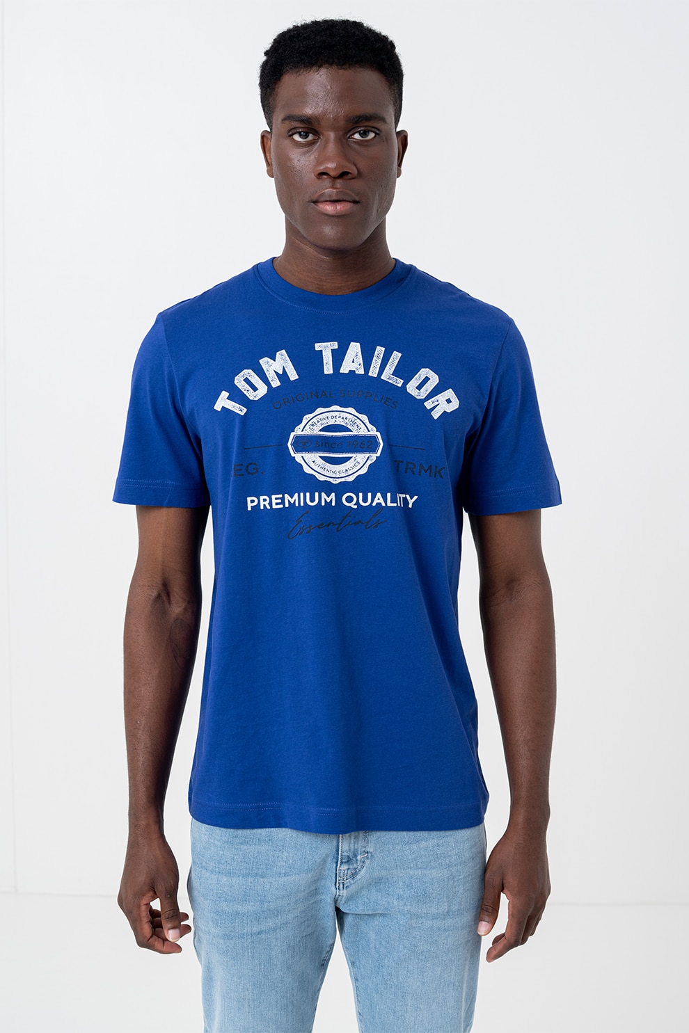 Tom Tailor, Tricou din bumbac cu imprimeu logo, Alb, Albastru inchis, S