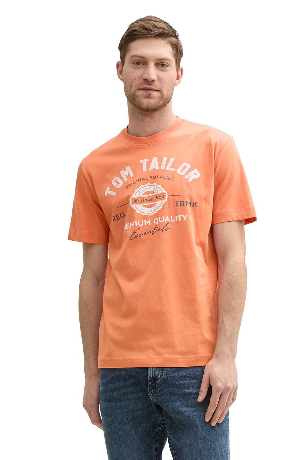 Tom Tailor, Tricou din bumbac cu imprimeu logo, Alb, Portocaliu deschis, M
