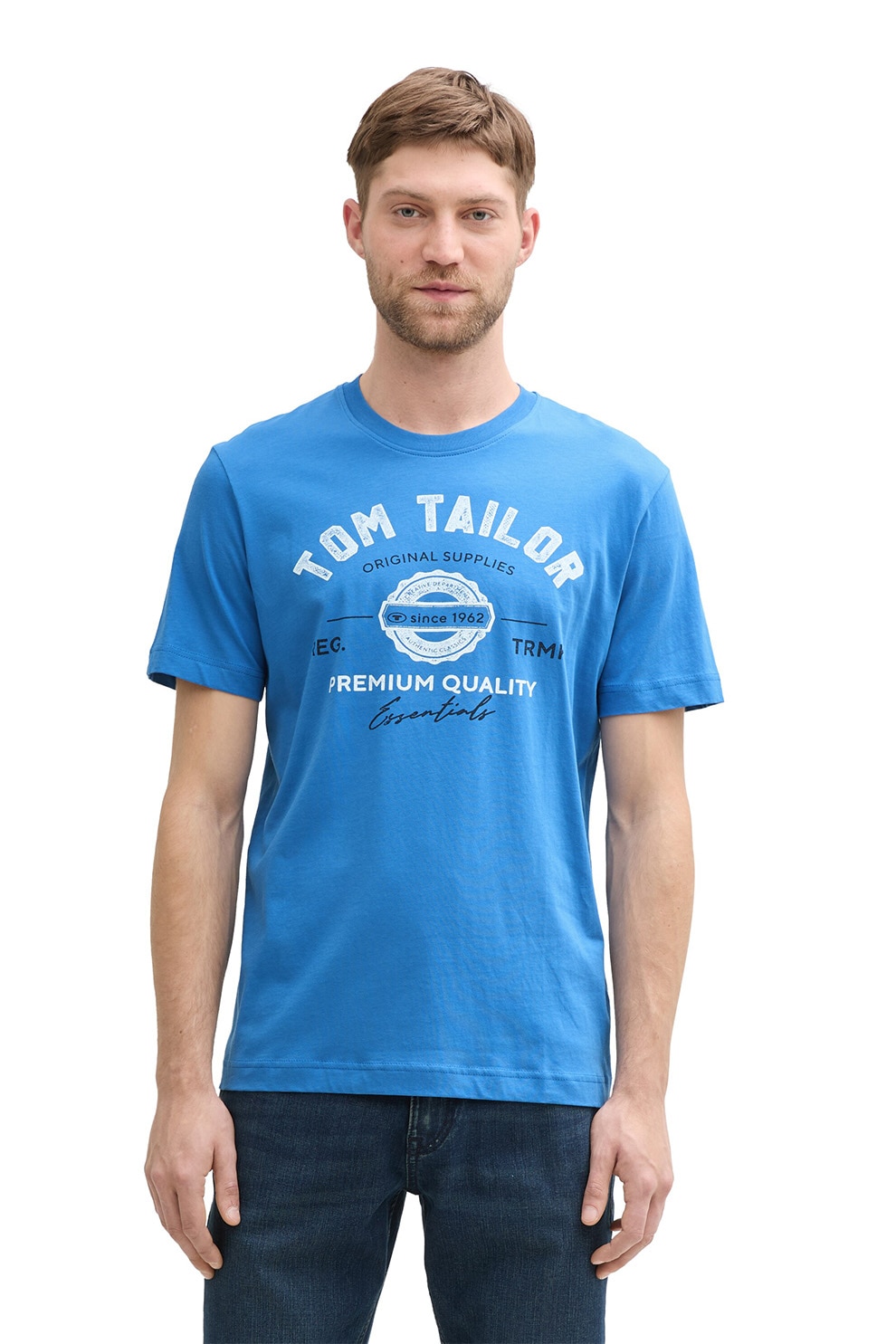 Tom Tailor, Tricou din bumbac cu imprimeu logo, Albastru aquamarin, S