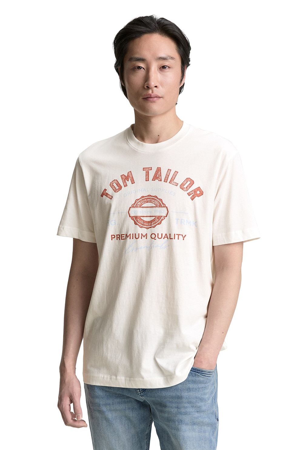 Tom Tailor, Tricou din bumbac cu imprimeu logo, Rosu stins, Alb murdar, S