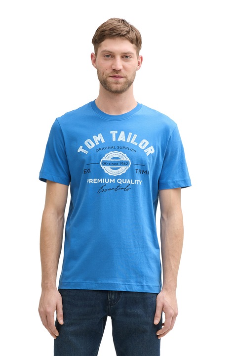Tom Tailor, Памучна тениска с лого, Аквамарин синьо