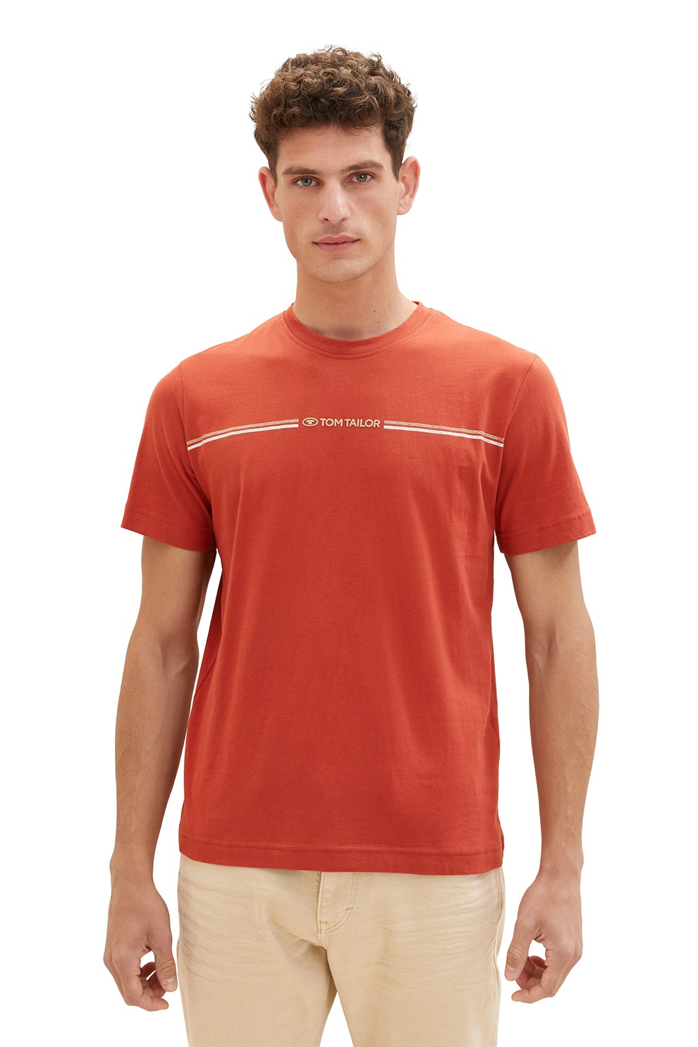 Tom Tailor, Tricou din amestec de bumbac organic, Rosu, Alb, M