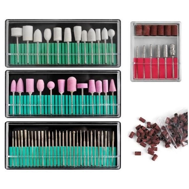 Set accesorii frezare Beautylushh, 12 freze din piatra, 30 freze diamantate, 12 freze din fetru, 100 captuseli, 6,5x14,5cm