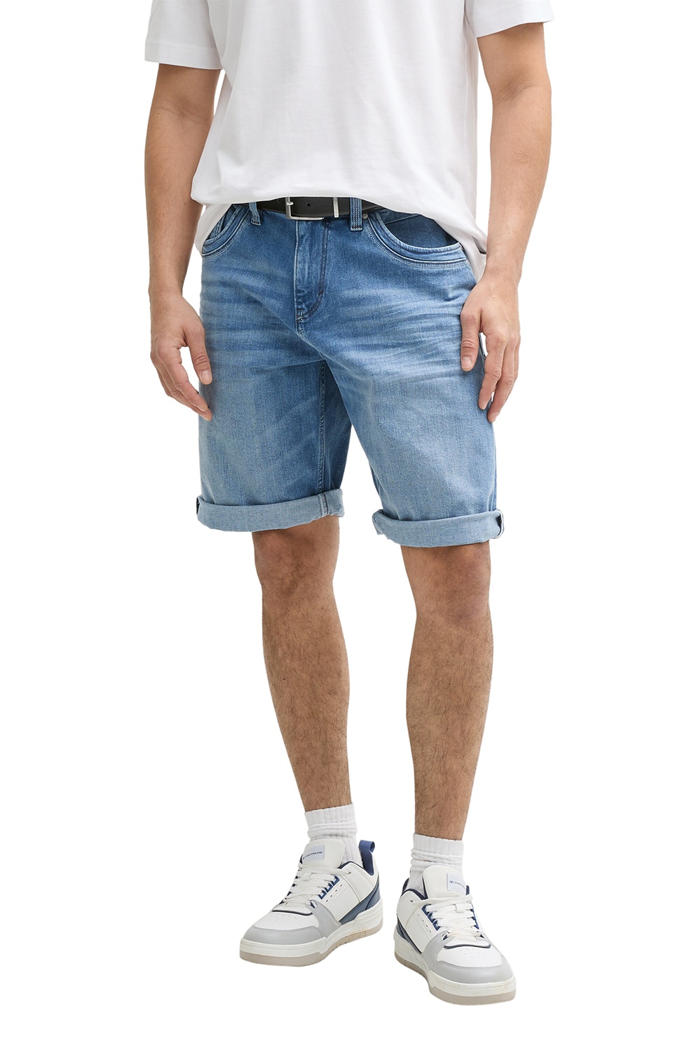 Tom Tailor, Bermude din denim cu terminatii plisate, Albastru, 34