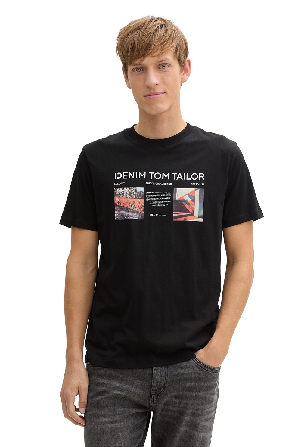 Tom Tailor, Tricou de bumbac cu logo, Negru, M