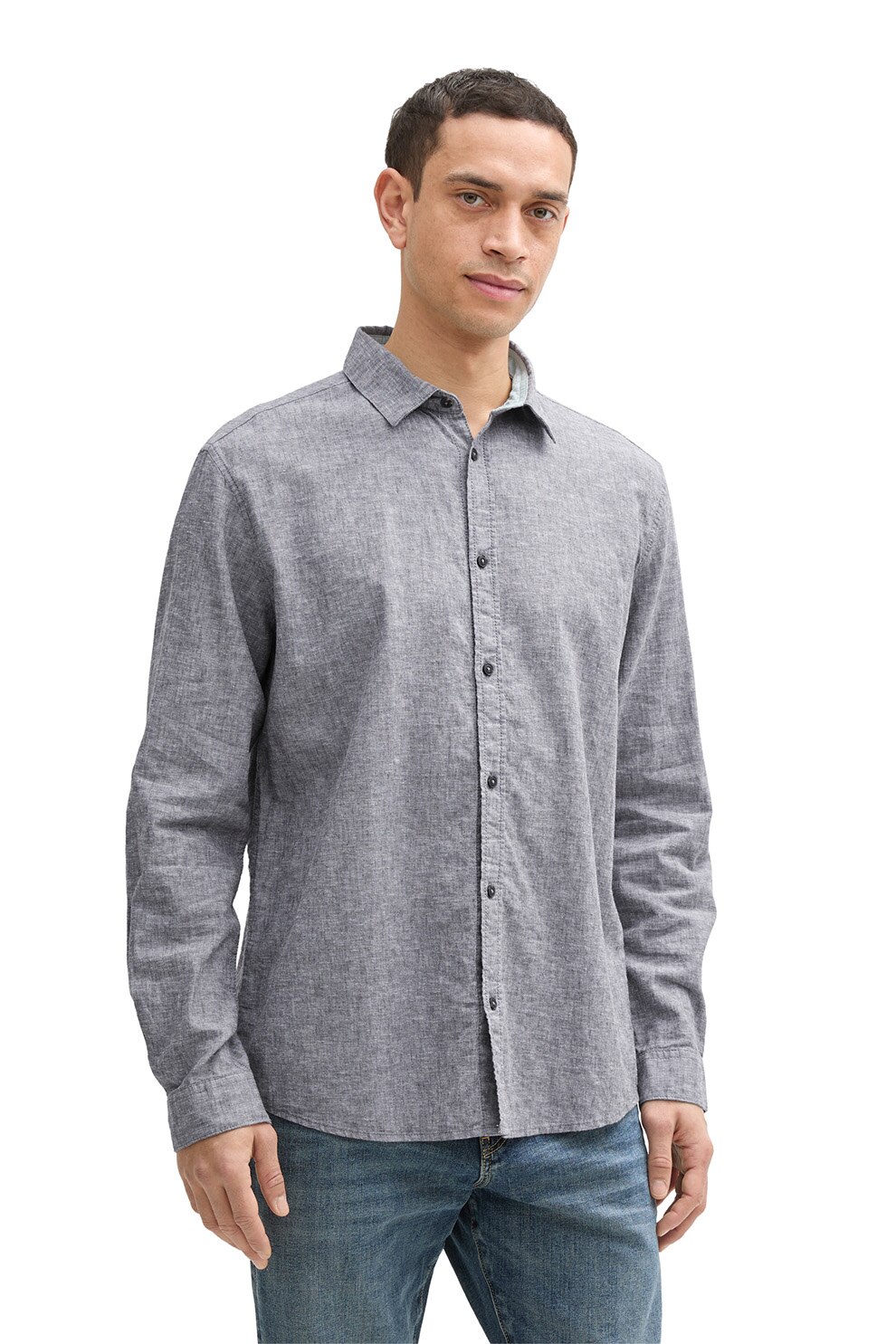 Tom Tailor, Camasa din amestec de in cu maneci lungi, Gri melange, M