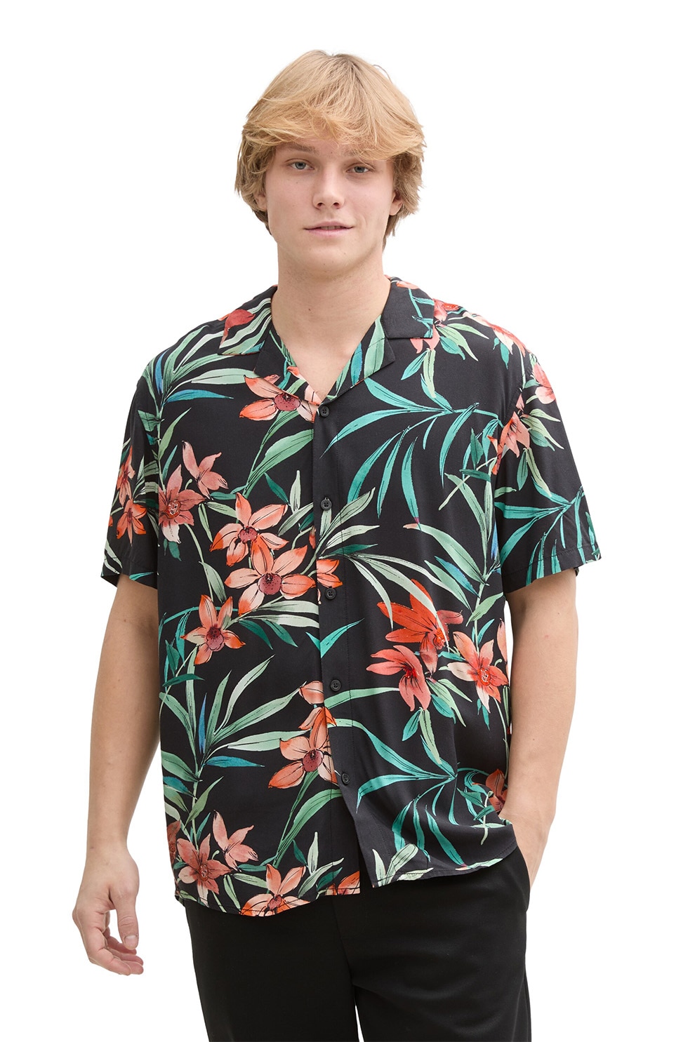 Tom Tailor, Camasa cu maneci scurte si model tropical, Verde, Negru, XL