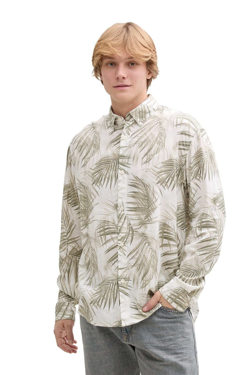 Tom Tailor, Camasa din amestec de in cu model tropical, Alb, Grej, XL