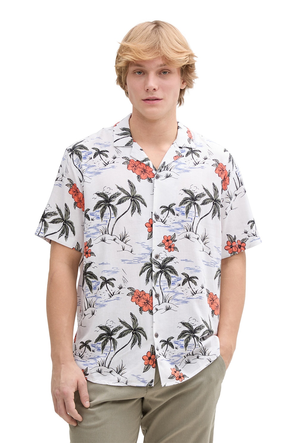 Tom Tailor, Camasa cu maneci scurte si model tropical, Alb, Kaki, L