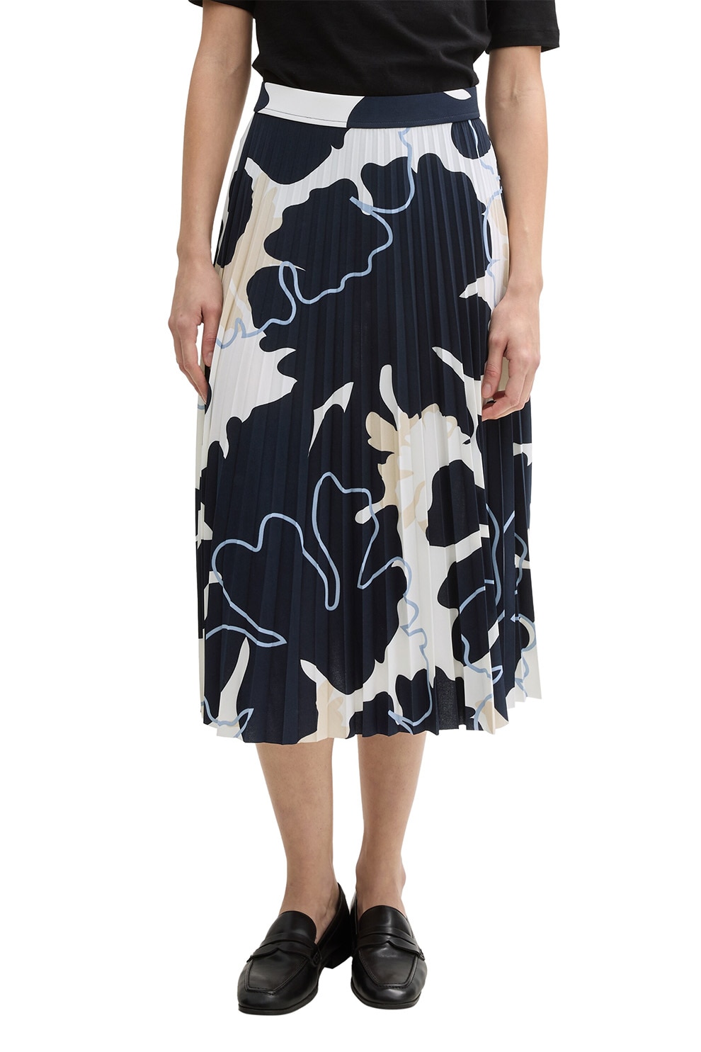 Tom Tailor, Fusta midi cu pliuri, Negru, Crem, 38