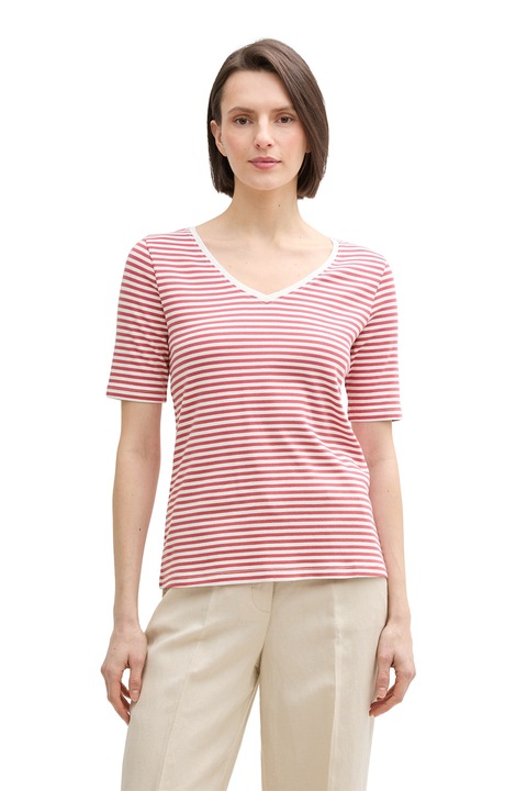 Tom Tailor, Tricou cu decolteu in V si model in dungi, Rosu/Alb