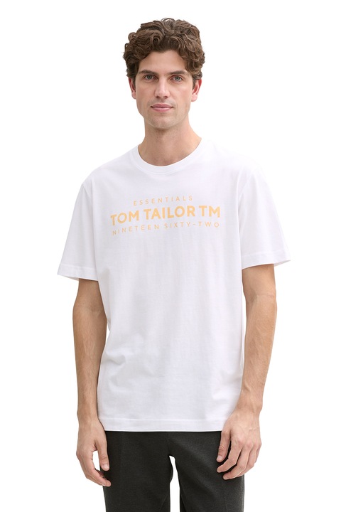 Tom Tailor, Памучна тениска с лого, Бял/Оранжев