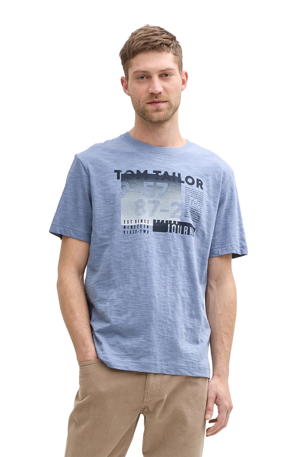 Tom Tailor, Tricou din bumbac cu imprimeu, Albastru pastel, L