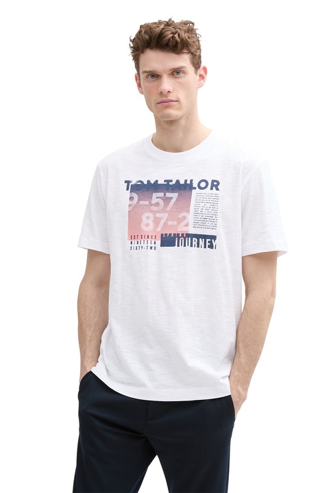 Tom Tailor, Памучна тениска с шарка, Бял/Розово