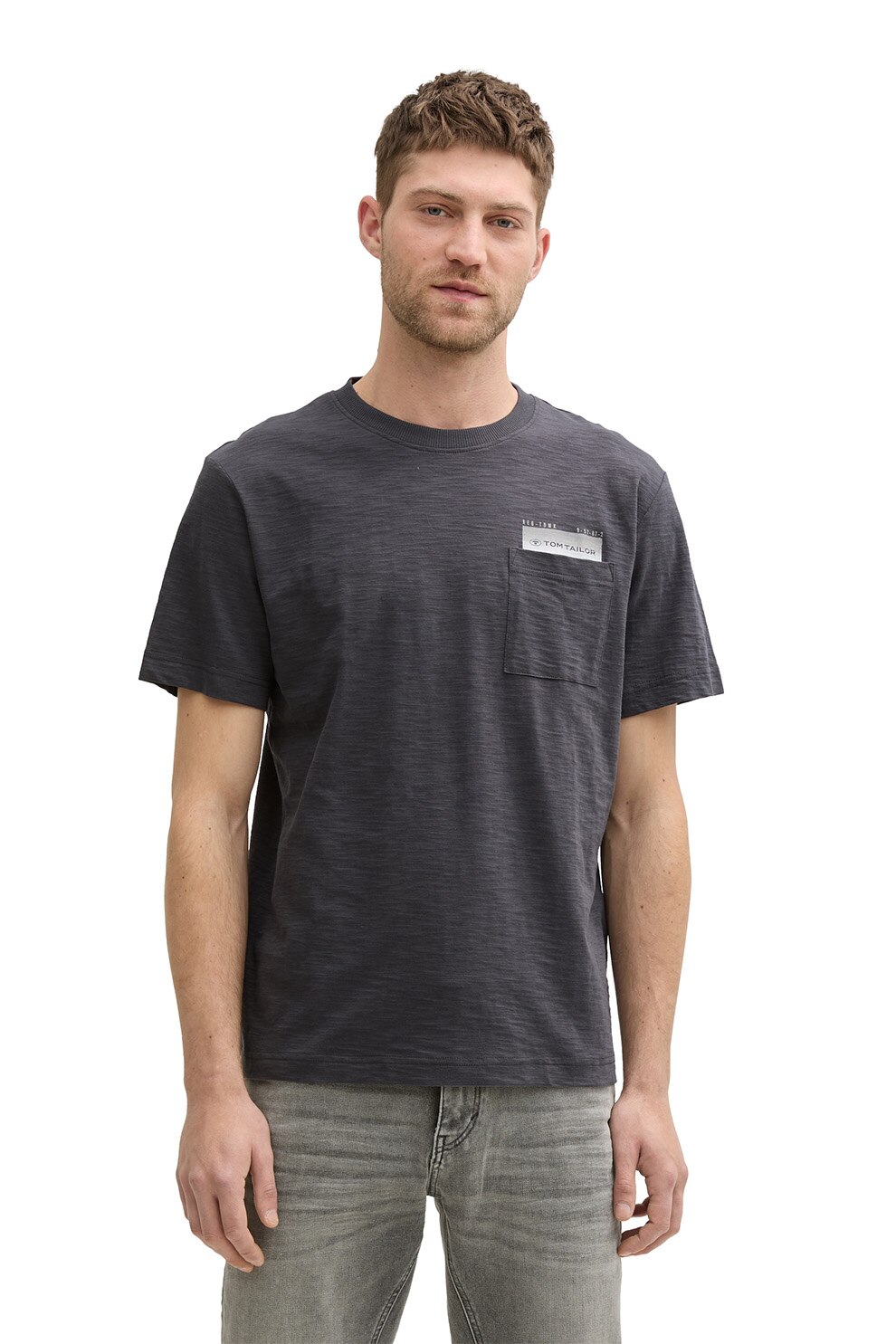 Tom Tailor, Tricou regular-fit cu buzunar pe piept, Gri inchis, M