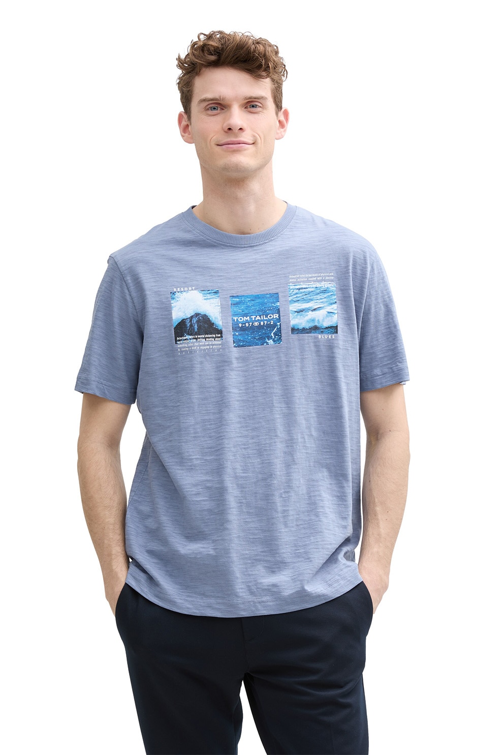 Tom Tailor, Tricou din bumbac cu imprimeu, Albastru deschis melange, S