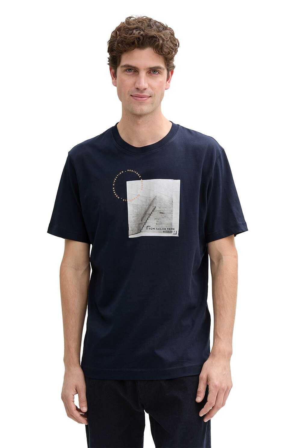 Tom Tailor, Tricou cu decolteu la baza gatului si model grafic, Bleumarin, M