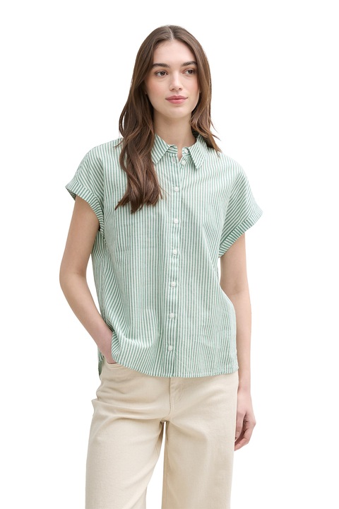 Tom Tailor, Camasa cu dungi si maneci scurte, Alb/Verde