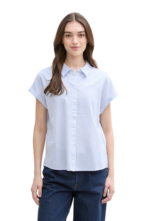 Tom Tailor, Camasa cu dungi si maneci scurte, Alb/Albastru