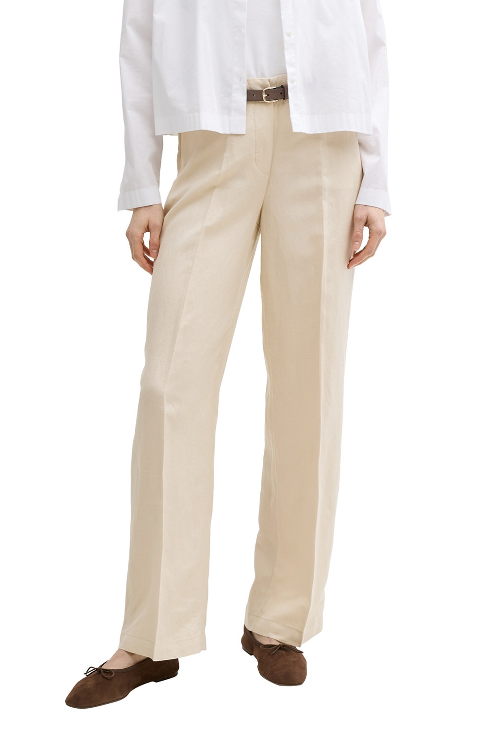 Tom Tailor, Pantaloni din amestec de in cu pliuri, Alb fildes, W36-L30