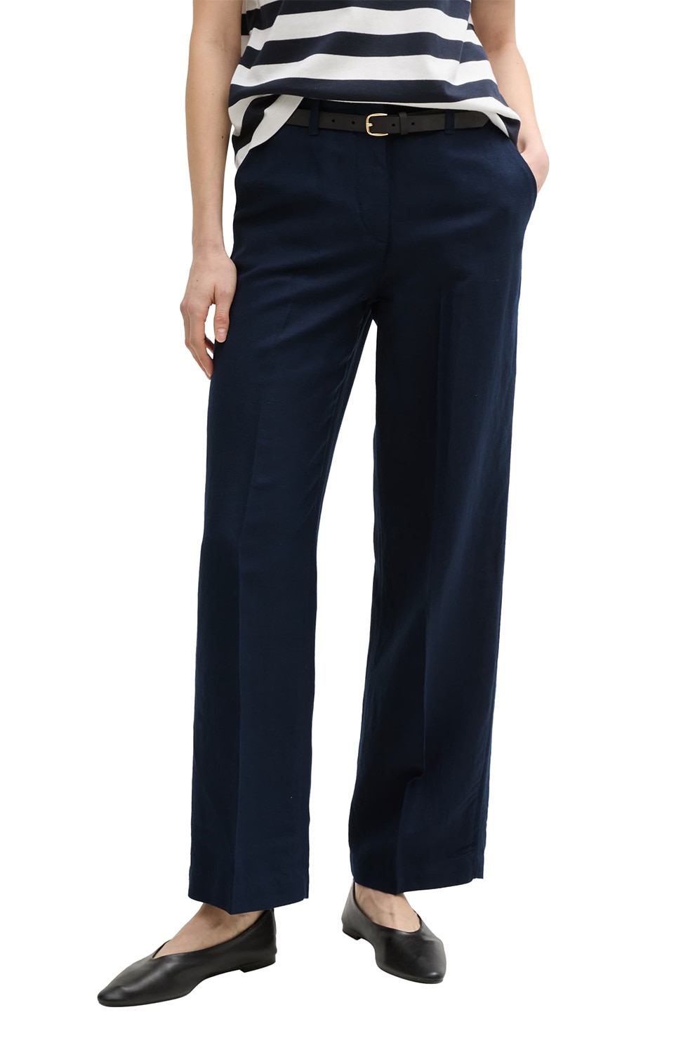 Tom Tailor, Pantaloni din amestec de in cu pliuri, Bleumarin, W34-L30