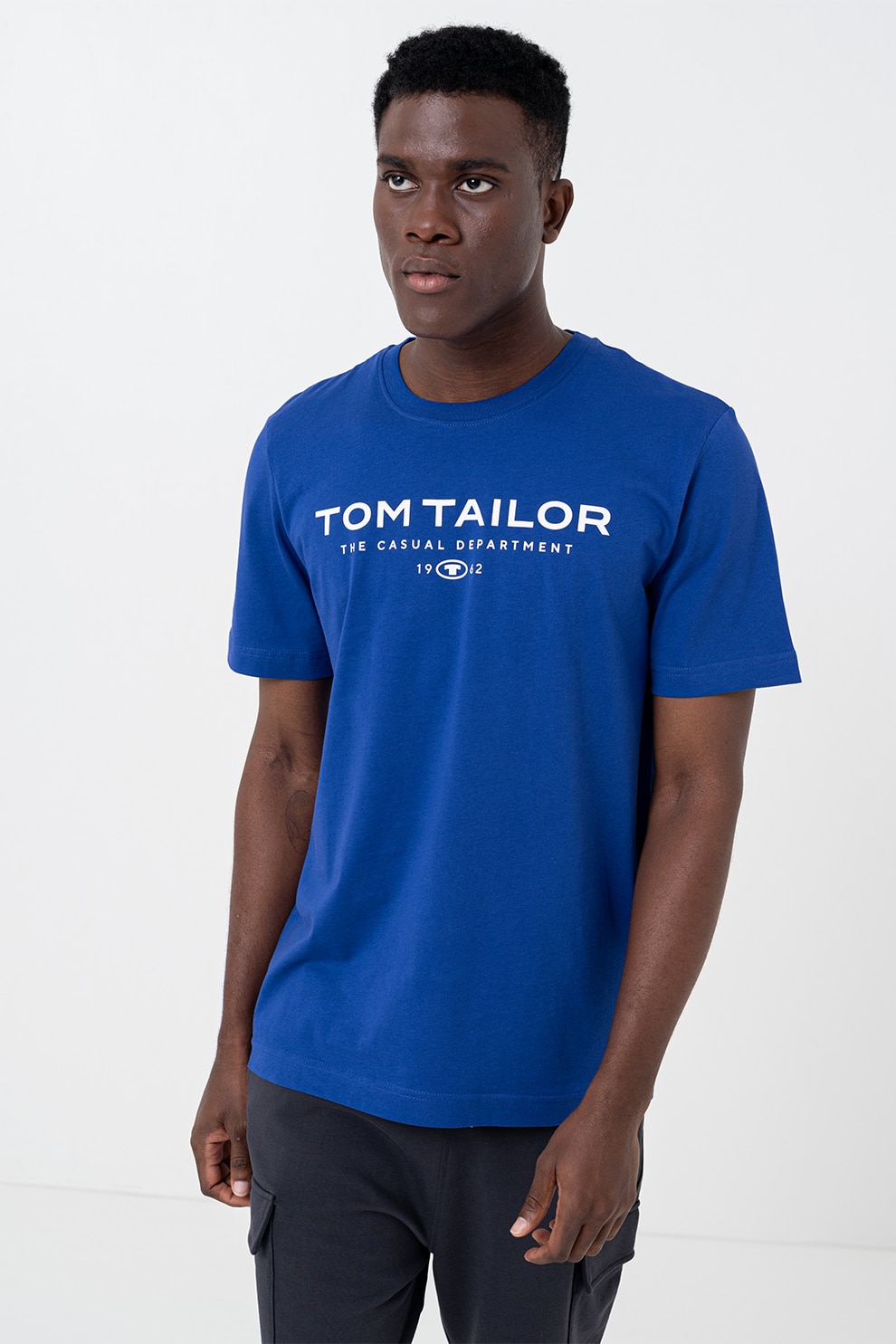 Tom Tailor, Tricou de bumbac cu imprimeu logo, Albastru inchis, Alb murdar, S