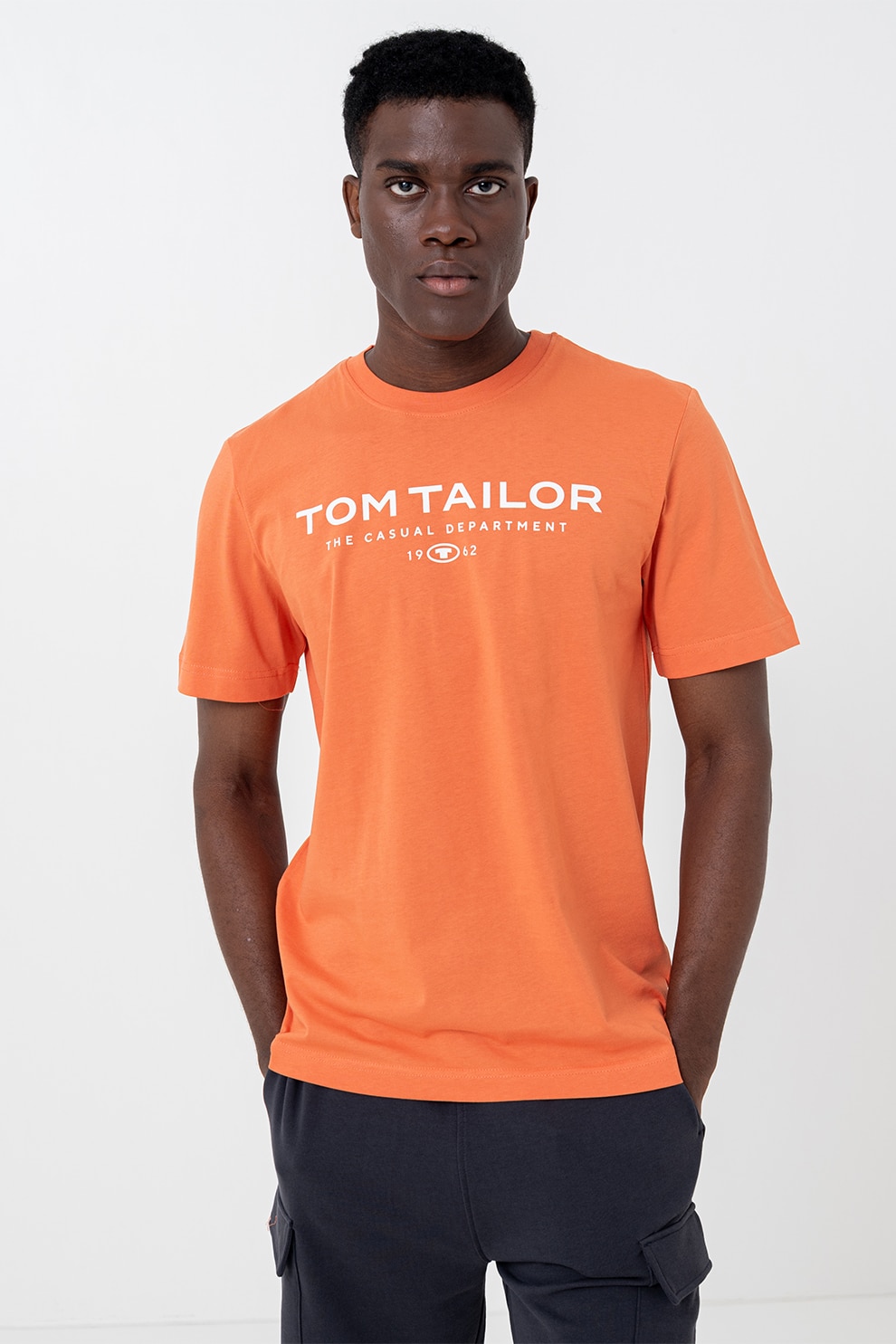 Tom Tailor, Tricou de bumbac cu imprimeu logo, Portocaliu mandarina, S