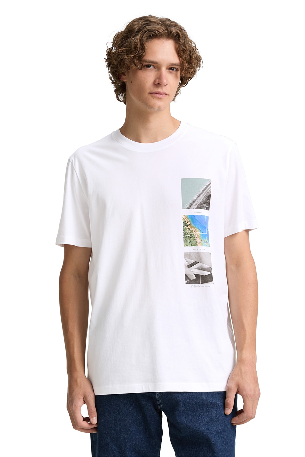 Tom Tailor, Tricou lejer cu decolteu la baza gatului, Alb, Albastru, S
