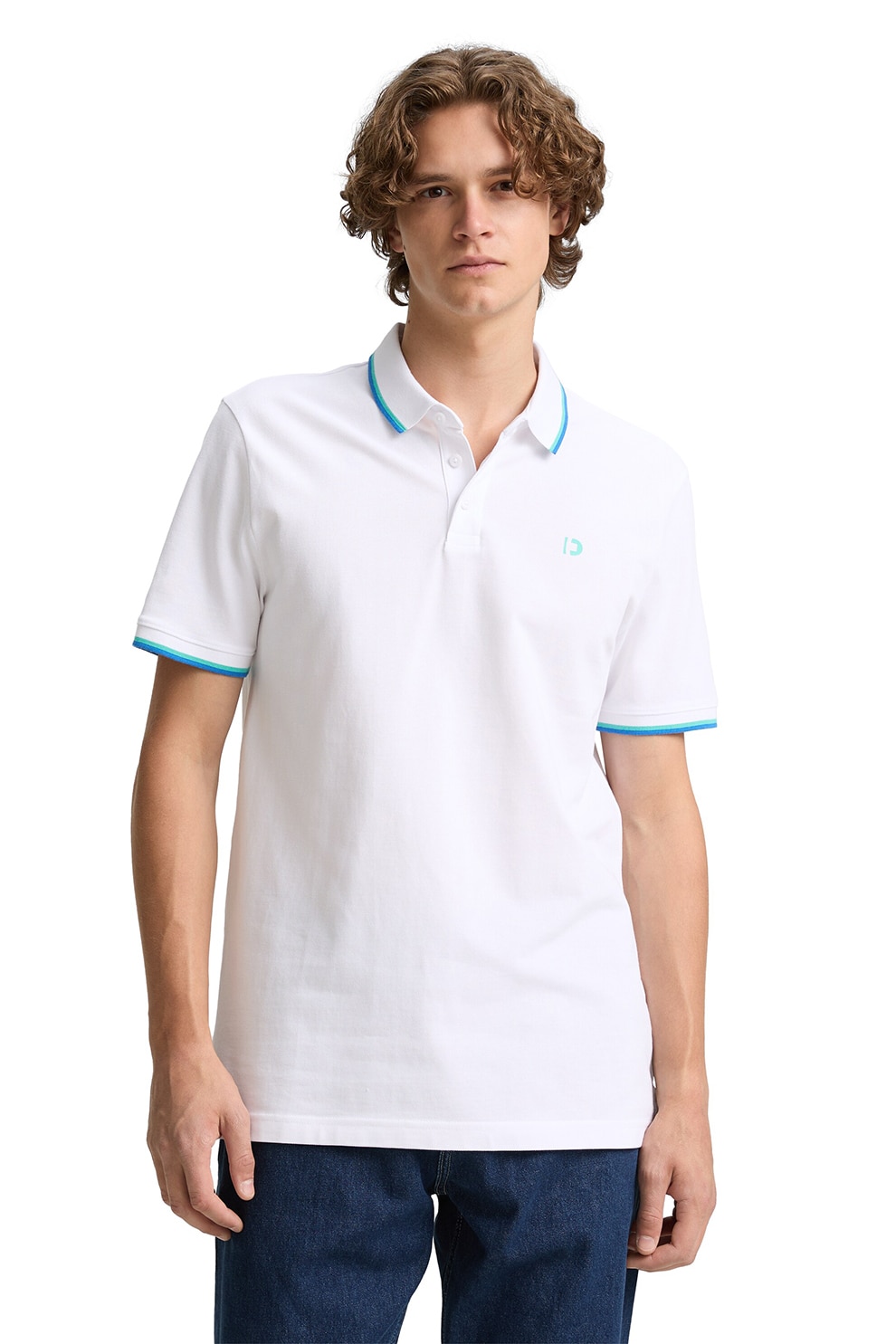Tom Tailor, Tricou polo de bumbac, Alb, Turcoaz, M
