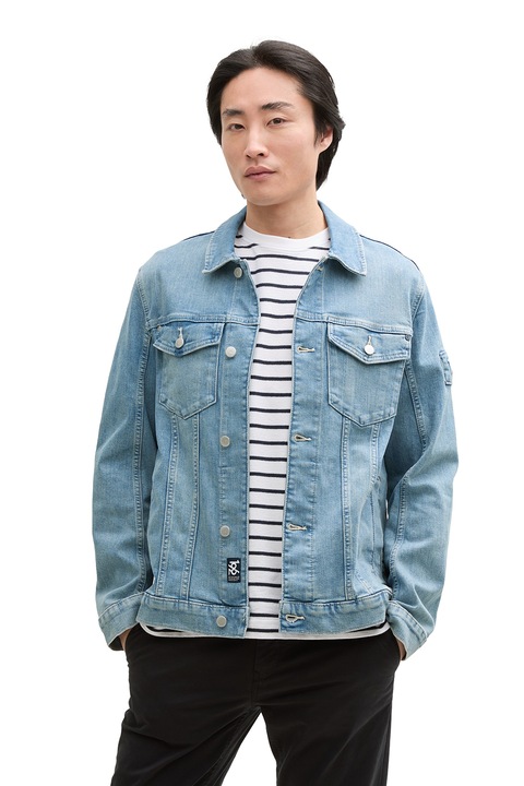 Tom Tailor, Jacheta de denim cu buzunare cu clapa, Albastru deschis melange