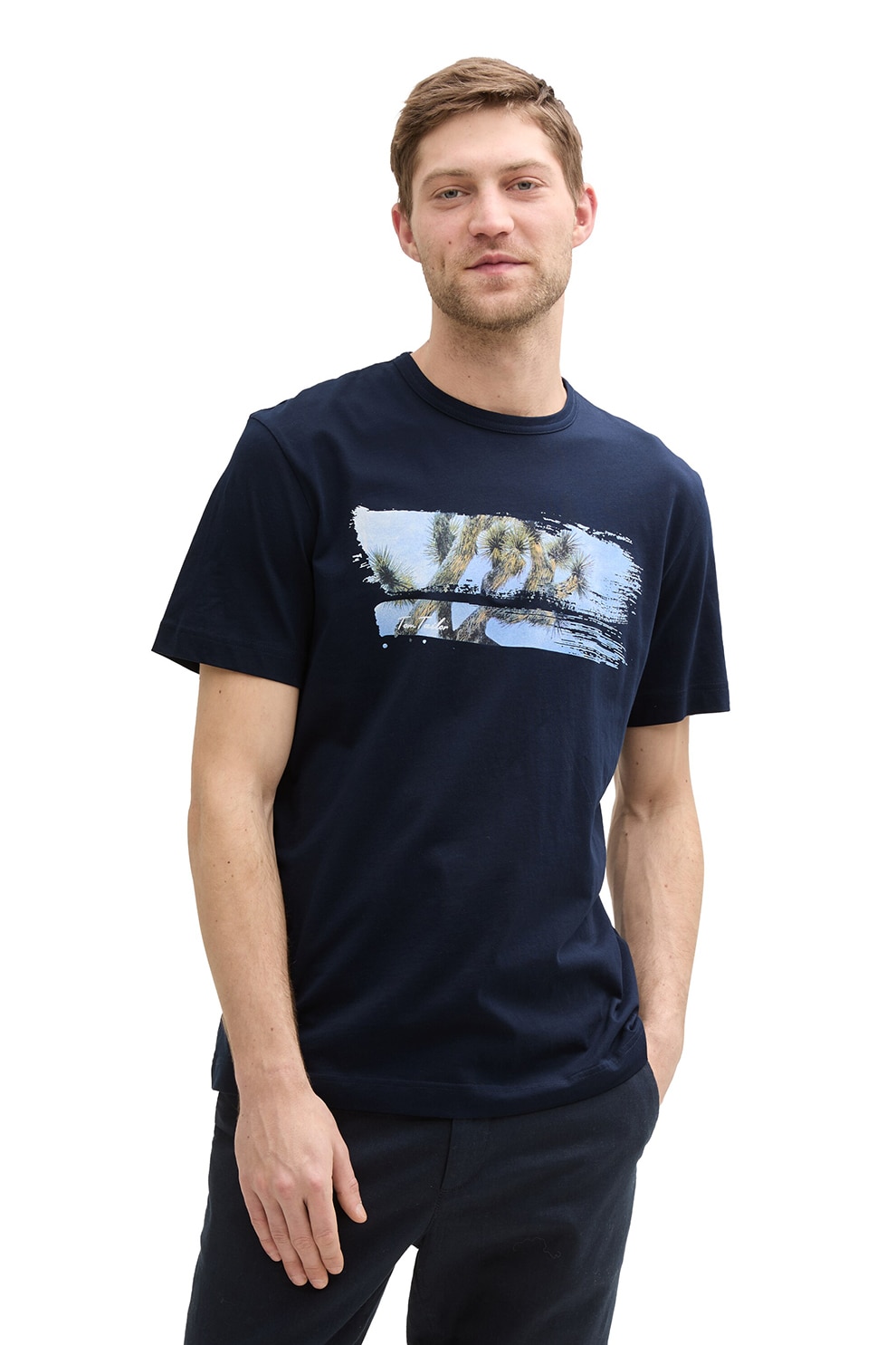Tom Tailor, Tricou de bumbac cu palmier, Albastru deschis, Bleumarin, S