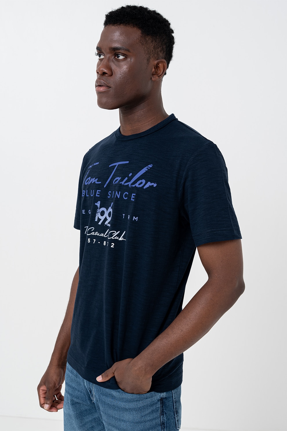 Tom Tailor, Tricou de bumbac cu imprimeu logo, Bleumarin, M