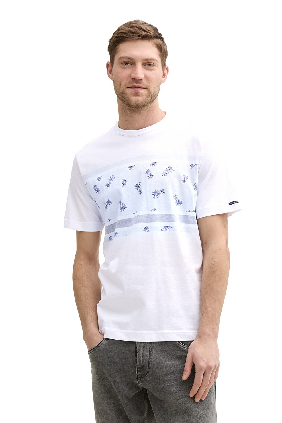 Tom Tailor, Tricou cu decolteu la baza gatului si imprimeu, Alb, Albastru deschis, L