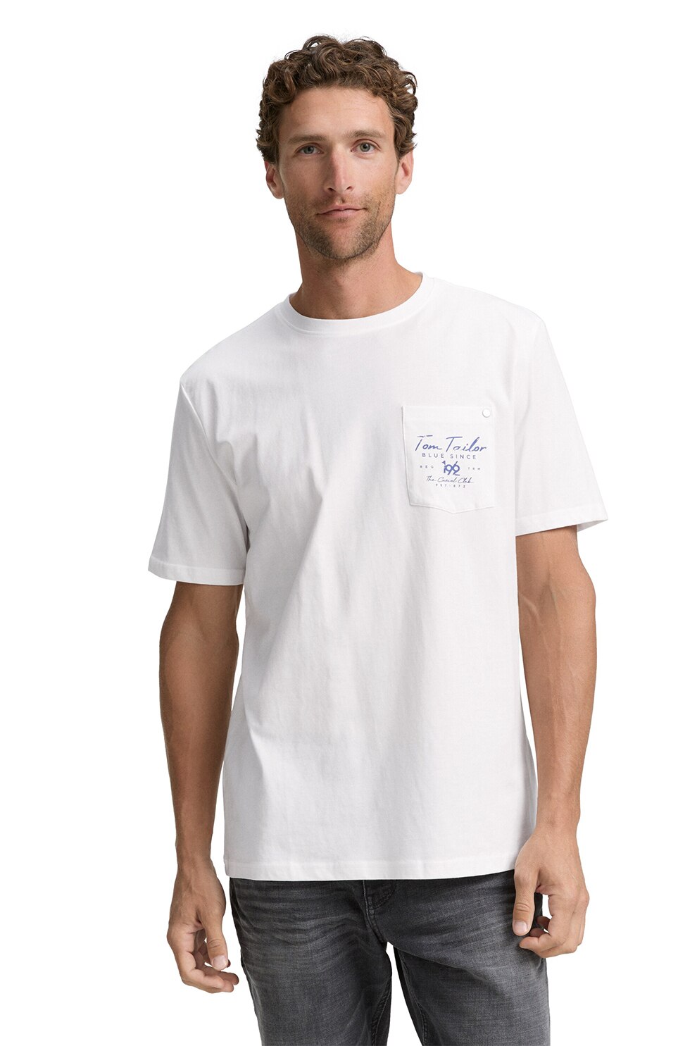 Tom Tailor, Tricou cu decolteu la baza gatului si buzunar pe piept, Alb murdar, XL