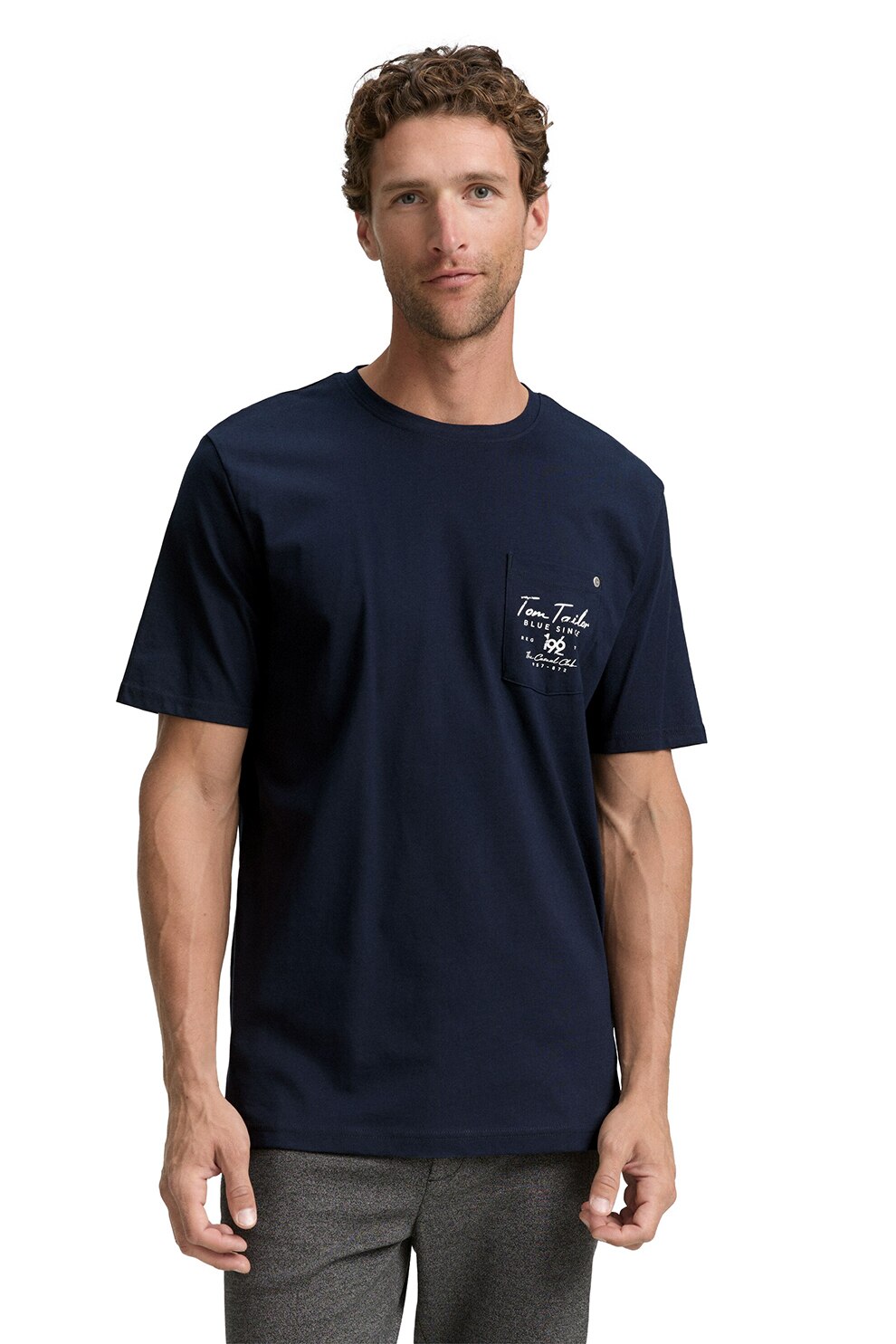 Tom Tailor, Tricou cu decolteu la baza gatului si buzunar pe piept, Albastru, L