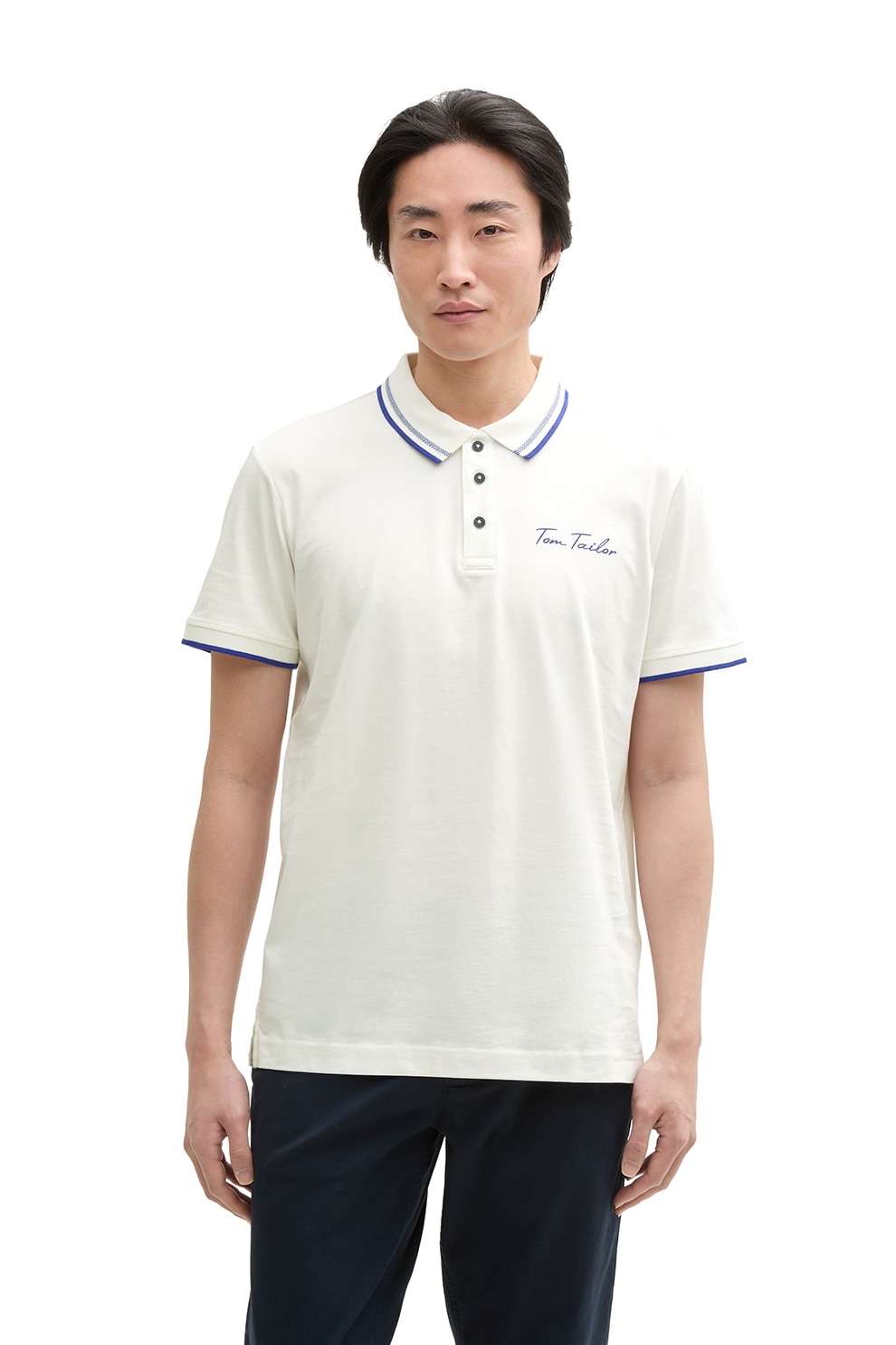 Tom Tailor, Tricou polo cu logo discret, Alb murdar, L