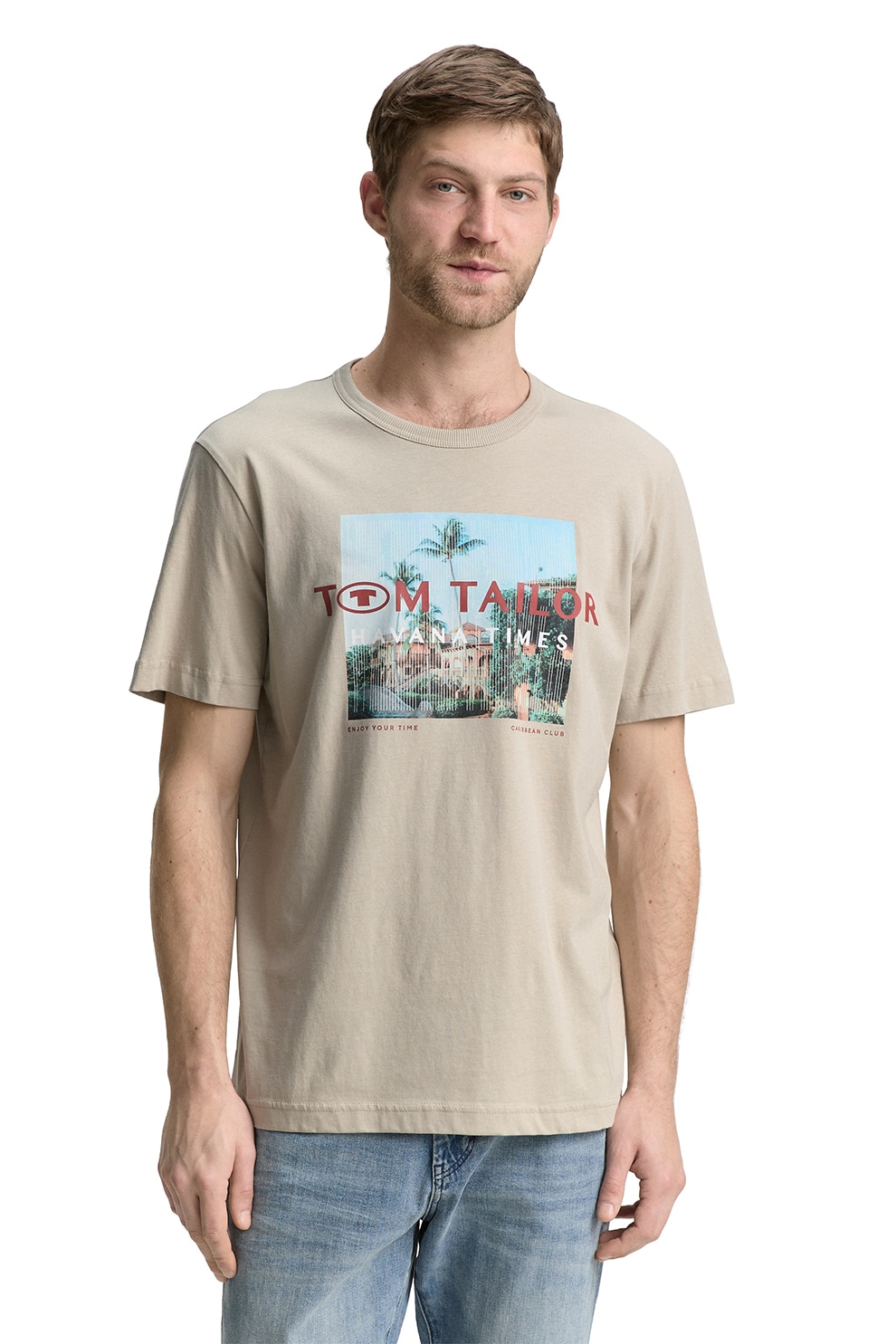 Tom Tailor, Tricou de bumbac cu imprimeu foto, Bej deschis, L