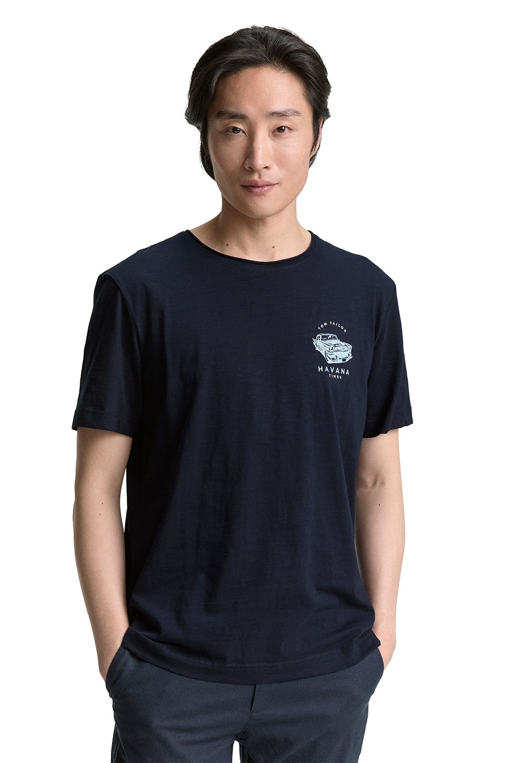 Tom Tailor, Tricou de bumbac cu logo, Albastru ultramarin, S
