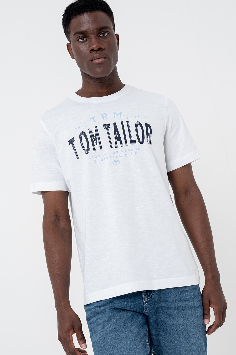 Tom Tailor, Tricou de bumbac cu logo, Alb, Albastru glaciar, L