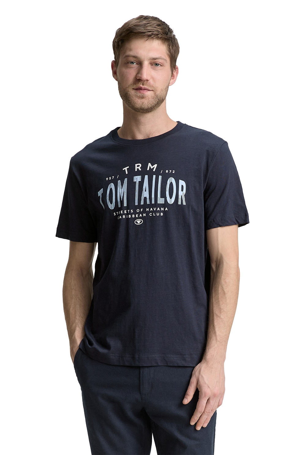 Tom Tailor, Tricou de bumbac cu logo, Bleumarin, S