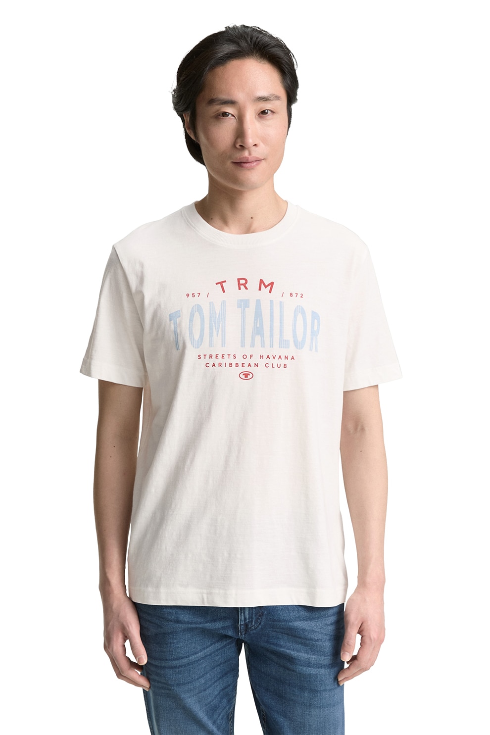 Tom Tailor, Tricou de bumbac cu logo, Alb murdar, L