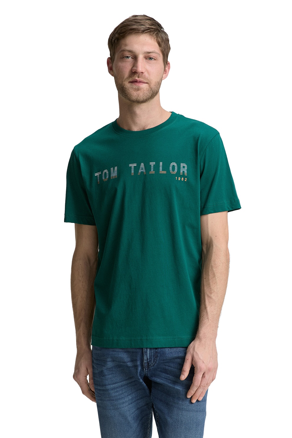 Tom Tailor, Tricou regular fit cu logo, Verde englez, S