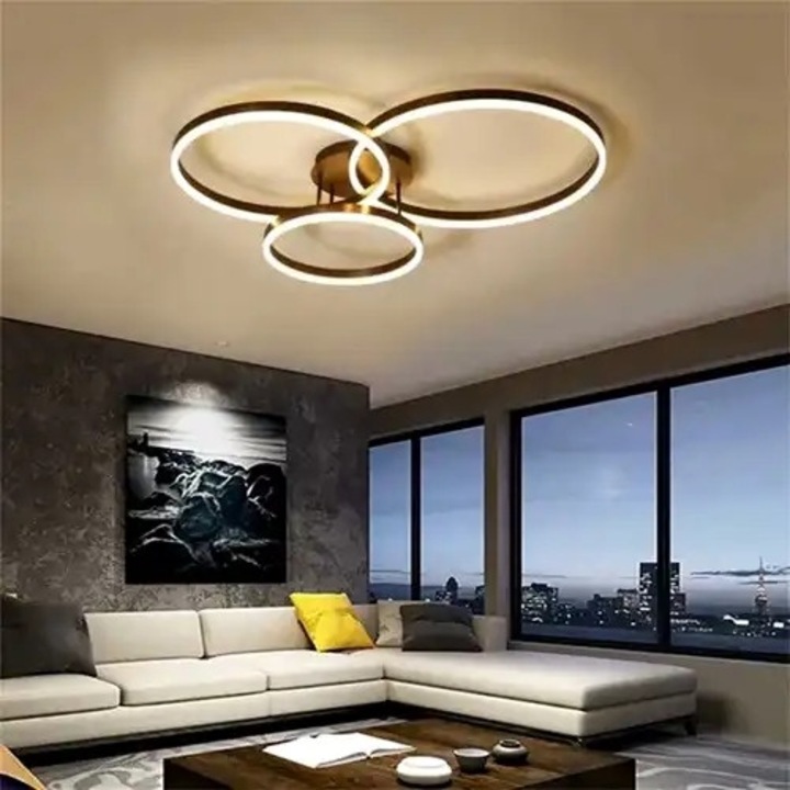 Lustra LED, telecomanda inclusa, neagra, rotunda, 160W, trei tipuri de lumina, calda, neutra si rece, intensitate reglabila, dimensiuni (L, l, h) 58x48x9cm, clasa protectie IP21, montaj tavan