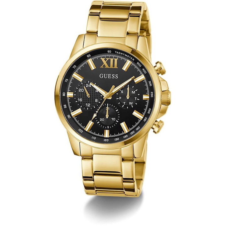 Ceas barbati Guess Classic, 44 mm, bratara aurie, carcasa aurie, cadran negru, mecanism quartz, rezistent la apa 50m, inox