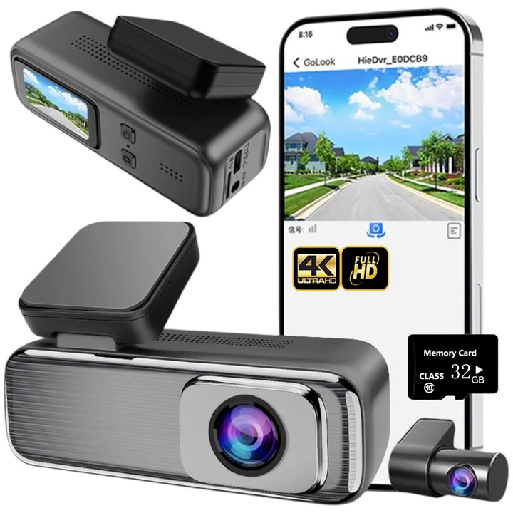 Предно-задна камера за кола 4K+FHD WiFi LONDEMM, включена SD карта с памет 32GB, безжична връзка, 1,5-инчов дисплей, ултраширок ъгъл на запис 150°, нощно виждане, цикличен запис, G сензор, наблюдение на паркиране, откриване на движения, сив