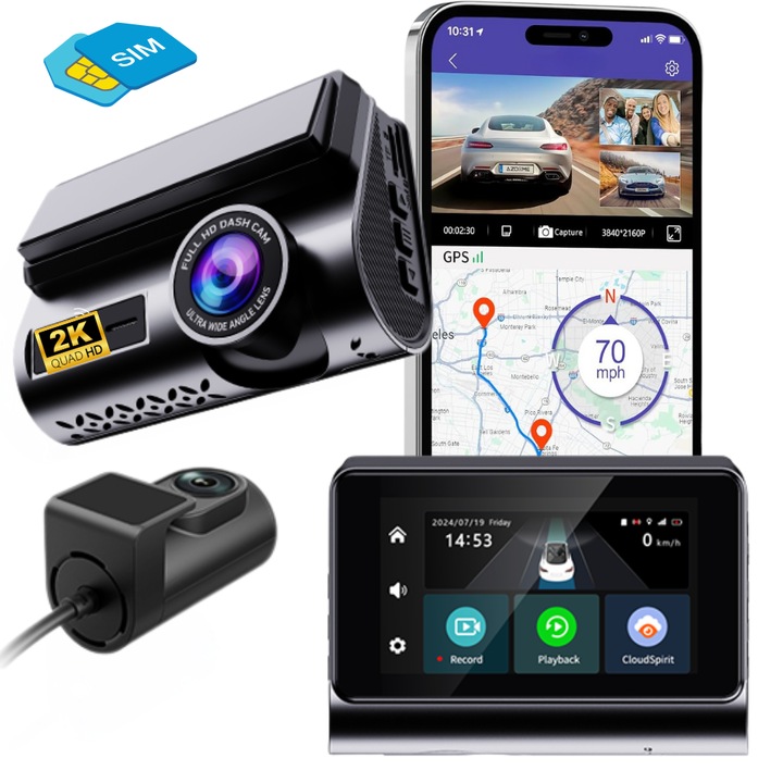 DVR 2K видеокамера за кола, 4G SIM карта връзка, предаване на живо, 2 предни и задни камери, наблюдение на паркинга, контрол чрез приложение, G-сензор, ултракомпактен, цикличен запис, нощно виждане, широк зрителен ъгъл, LCD дисплей